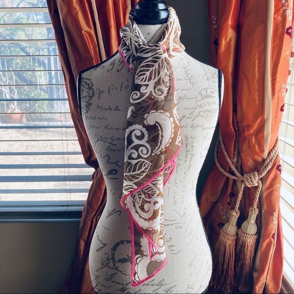 Chiffon Hawaiian White Paisley Print Brown Pink Border Sheer Neck Purse Scarf OS - Picture 5 of 16